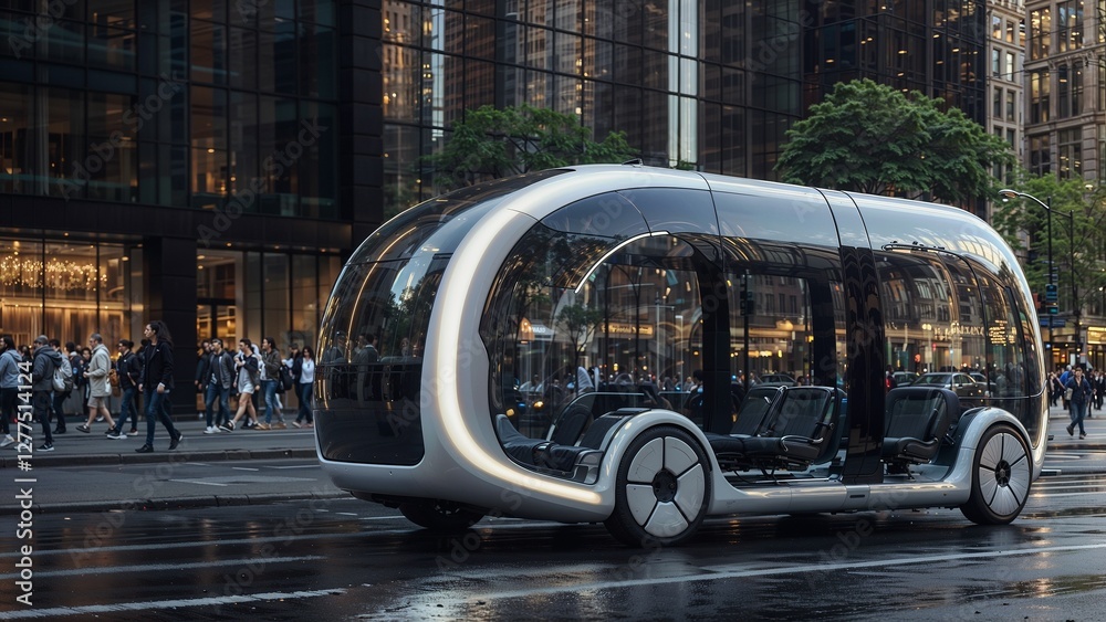 Obraz premium A futuristic, sleek, transparent bus with a silver exterior, parked on a city street with a blurred background of buildings and lights.