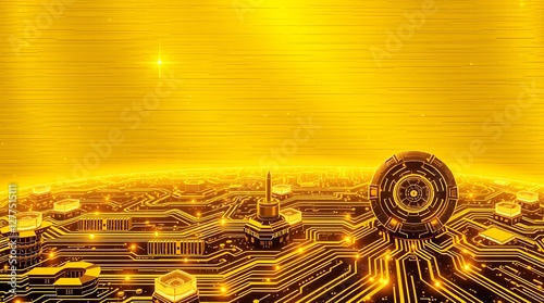 gold textured background illustration in a futuristic sci-fi style.  Advanced technology is depicted through intricate circuitry and glowing components.  Space elements include distant nebulae and sta