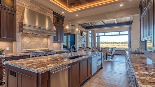 A luxurious modern kitchen with sleek appliances and marble countertops, elegant and inviting