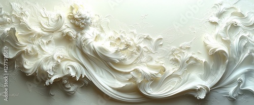 Elegant white relief sculpture with flowing floral and angelic motifs.