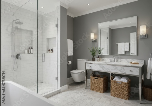 Glass Shower Enclosure, White Subway Tiles, and Marble Countertop with Elegant Vanity and Chrome Fixtures