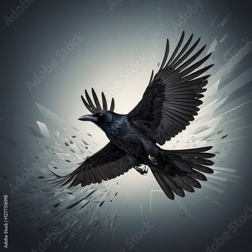 Elegant Crow Soaring with Bold, Clean Lines, Highlighted by a Soft Gradient Backdrop