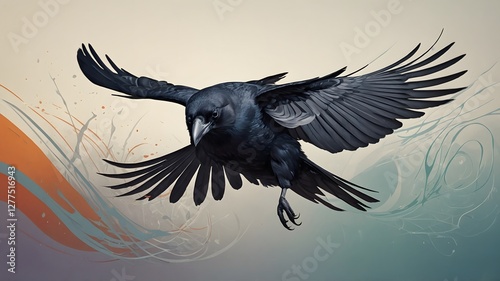 Stylized Crow in Mid-Flight, Set Against a Simple, Minimalist Gradient Background
