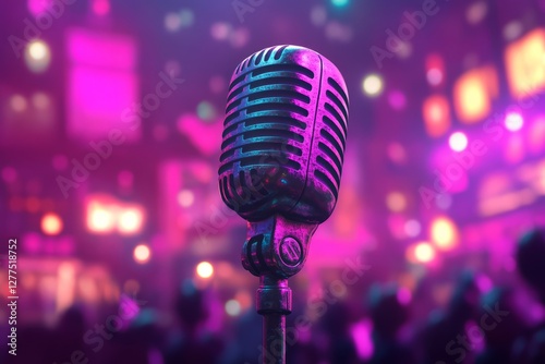 Close-up of a microphone on stage with a blurred audience in the background, illuminated by pink and purple lights. 
