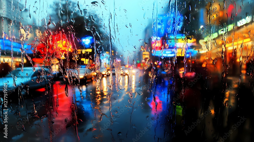 Obraz premium Rain falling on window with city lights blurred in background