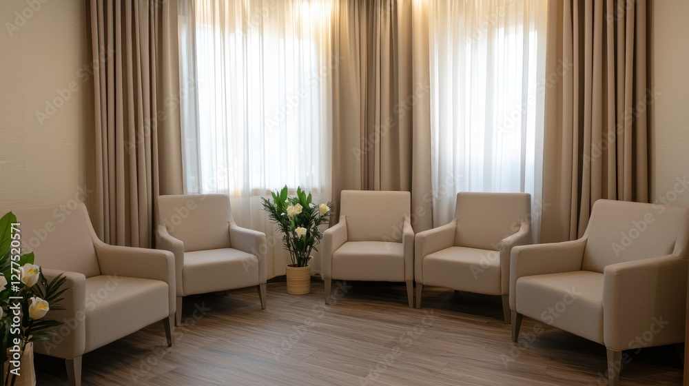 Fototapeta premium Cozy and Modern Waiting Room with Soft Lighting and Neutral Decor