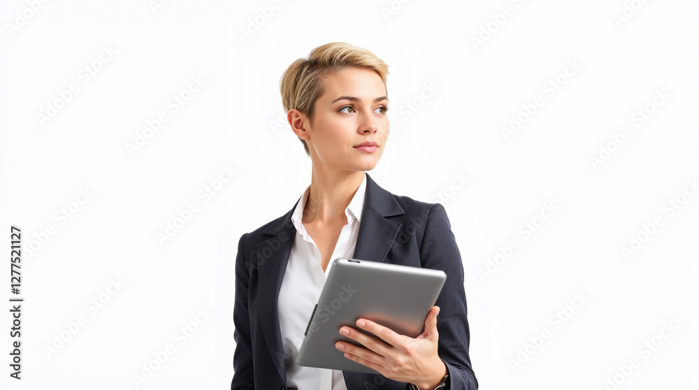 Young businesswoman holding digital tablet, looking aside for promo advertising isolated on white background Young businesswoman holding digital tablet, looking aside for promo advertising isolated on white background