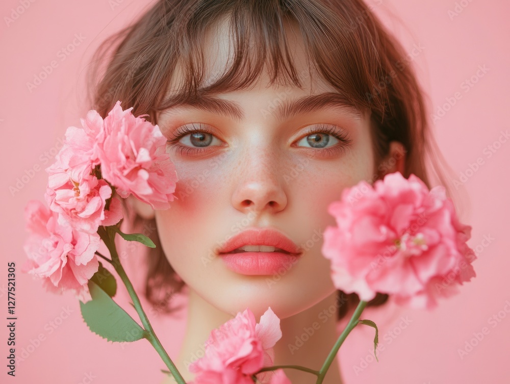 Captivating Portrait of a Young Woman Embracing Feminine Power Surrounded by Delicate Pink Flowers in a Dreamy Setting