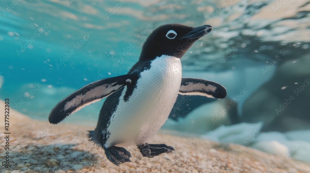 Fototapeta premium Adorable Penguin Swimming Underwater in Crystal Clear Ocean Water