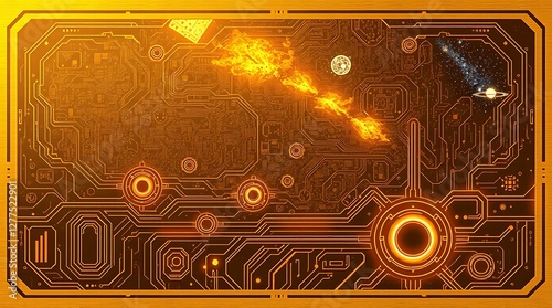 gold textured background illustration in a futuristic sci-fi style.  Advanced technology is depicted through intricate circuitry and glowing components.  Space elements include distant nebulae and sta