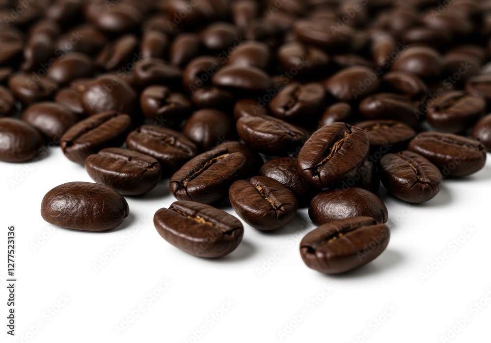 Coffee beans scattered close up white background roasted Coffee beans scattered close up white background roasted