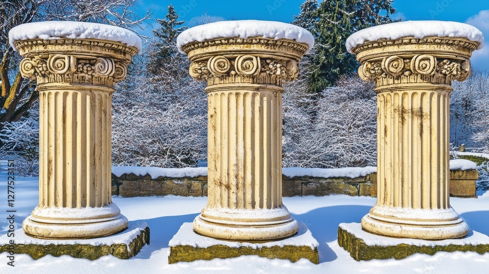 Obraz premium Three Carved Stone Columns with Snow on Tops Against a Winter Park Landscape