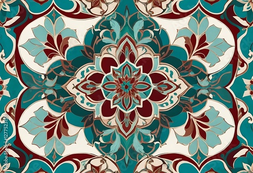 Elegant Floral Arabesque Design in Teal and Burgundy for Wallpaper