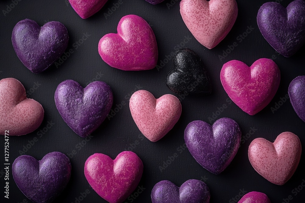 Fototapeta premium Colorful heart-shaped objects on dark background. Perfect for Valentine's Day, love, or romance themes.