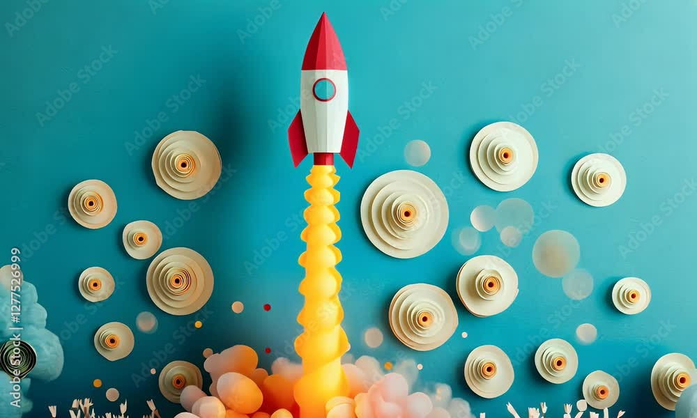 Colorful paper rocket launching amidst clouds and decorative circles, symbolizing creativity and innovation