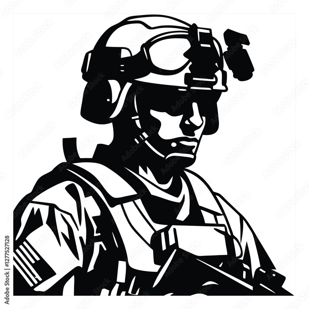 Obraz premium Stylized soldier in full combat gear with a helmet and rifle, ready for action