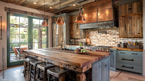 A rustic kitchen with a wooden island, copper pendant lights, and a brick backsplash in