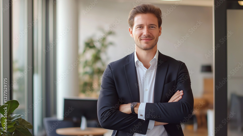 Confident businessman with arms crossed standing in modern office with natural light Confident businessman with arms crossed standing in modern office with natural light