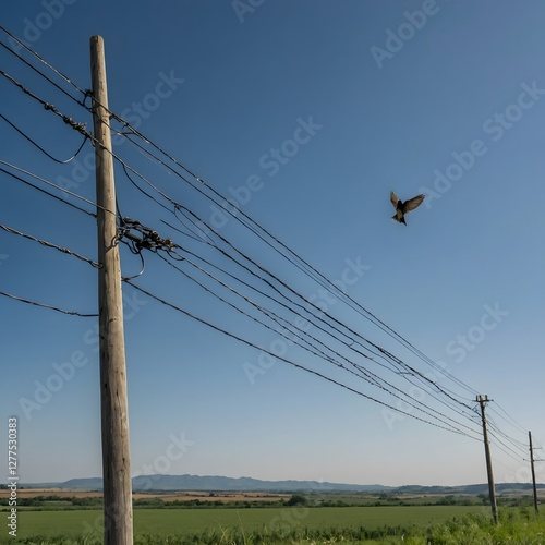 Lone Swallow Perched on a Telephone Wire, Overlooking the Peaceful Rural Landscape photo