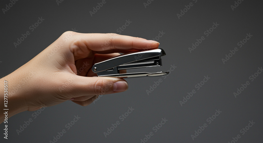 Stapler held in hand on gray background. Hand holding stapler office supplies hand stapler stapler in hand office tool Stapler held in hand on gray background. Hand holding stapler office supplies hand stapler stapler in hand office tool