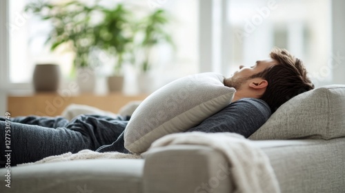 Chronic back pain relief through rest and recovery in a comfortable living room. Featuring relaxation and healing