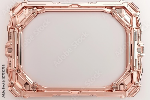 Robotic engravings border this minimalist 3D-rendered rose-gold frame, which is surrounded by ample copy space.
