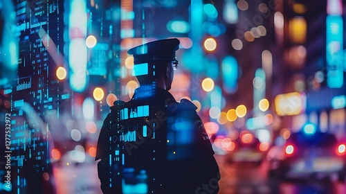 A police officer using AI tools to track criminal activities and predict future crimes.

