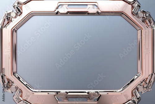 Robotic engravings and ample space define a minimalist 3D-rendered rose-gold frame.