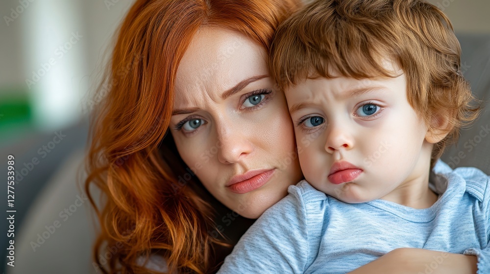 Concerned mother holding child with serious expressions indoors Concerned mother holding child with serious expressions indoors