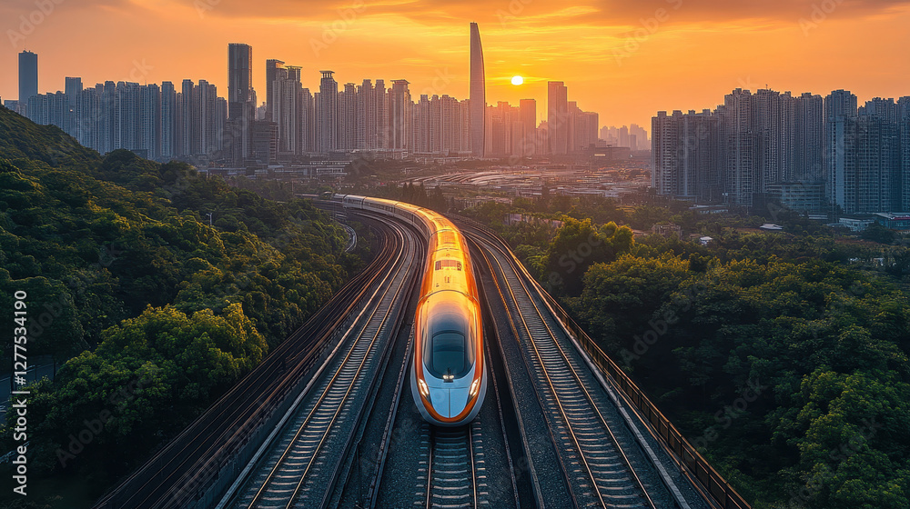 Fototapeta premium High speed trains running on the tracks in the background of the city skyline