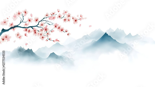 serene Sumi e painting depicting Japanese mountain landscape with delicate cherry blossoms. soft hues create tranquil atmosphere, evoking sense of peace and beauty