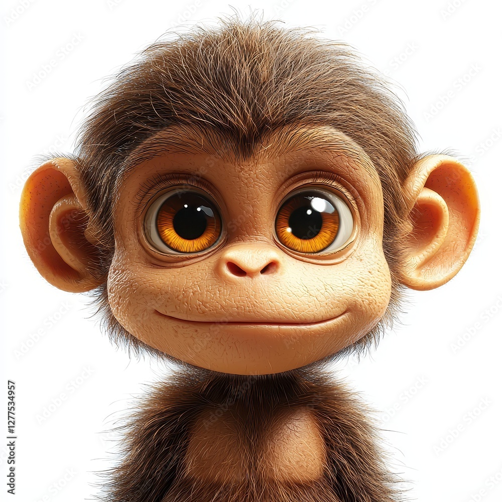 Fototapeta premium Adorable Cartoon Baby Monkey Portrait Cute Primate Big Eyes 3D Render