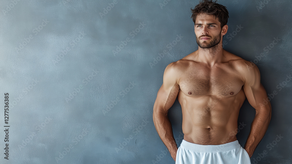Fototapeta premium Athletic man showcasing six pack abs against textured wall
