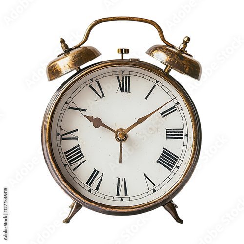 Antique alarm clock on black background. Timepiece in antique style.  Possible use Time concept stock photo photo