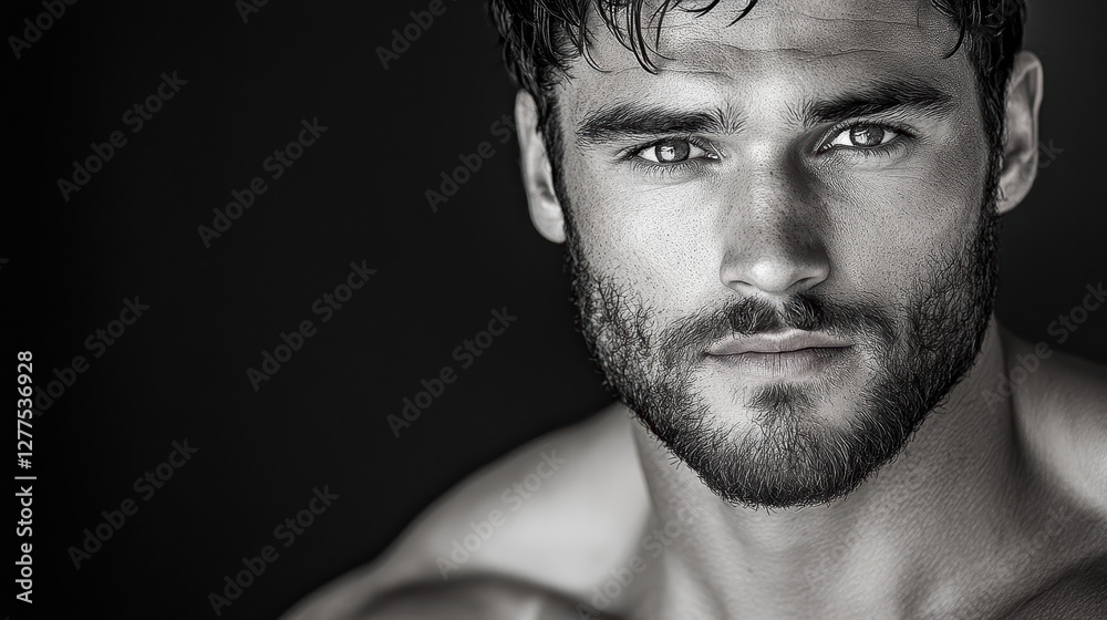 Intense gaze of chiseled man with strong jawline and beard Intense gaze of chiseled man with strong jawline and beard