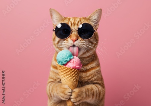 Cool cat sunglasses licking ice cream cone ginger tabby pink background