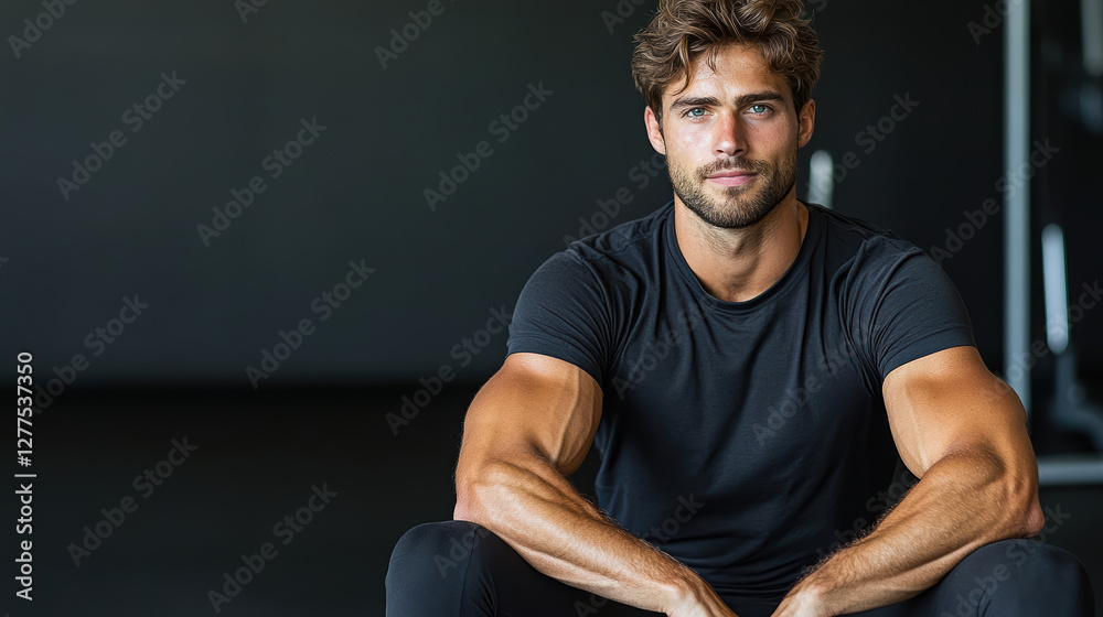 Fototapeta premium Fit man with visible muscles sitting confidently in gym setting