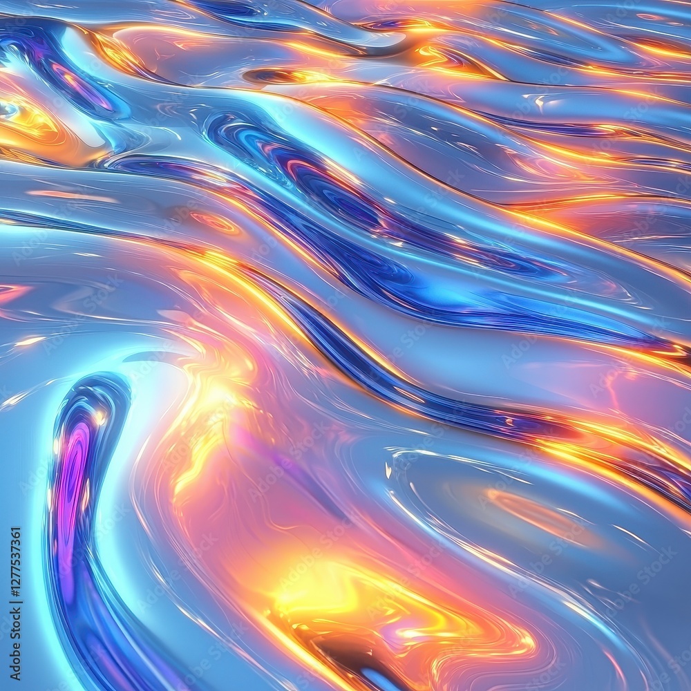 Fototapeta premium Abstract Liquid Metal Texture Swirling Blue Orange and Pink Iridescent Waves