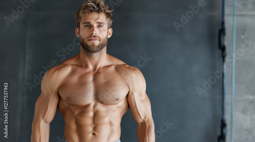 Muscular man with six pack abs posing confidently against gray background