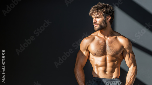 Sculpted physique of handsome man with six pack abs in moody setting