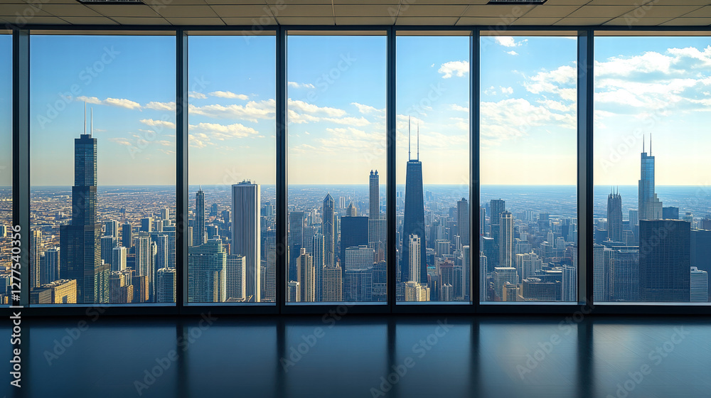 City skyline of empty office with floor-to-ceiling Windows City skyline of empty office with floor-to-ceiling Windows