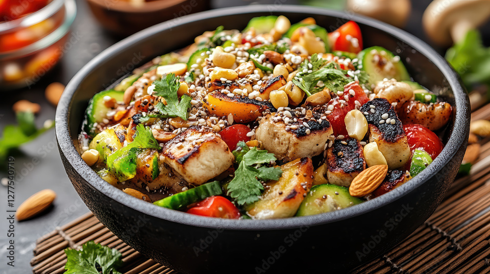 Fresh salad with grilled chicken, nuts, and vibrant vegetables Fresh salad with grilled chicken, nuts, and vibrant vegetables