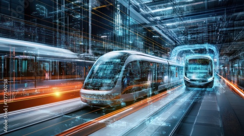 Futuristic trains in a high-tech station with digital overlays and vibrant lights