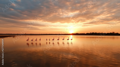 Colorful flock of flamingos standing in shallow water at sunset
