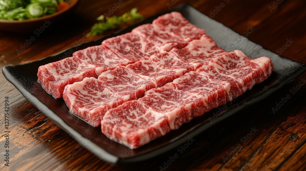 A plate of marbled beef slices arranged neatly for culinary preparation. A plate of marbled beef slices arranged neatly for culinary preparation.