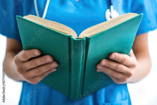 A close-up of a nurse in blue scrubs holding a green hardcover book against a white background, focusing on her hands and the book