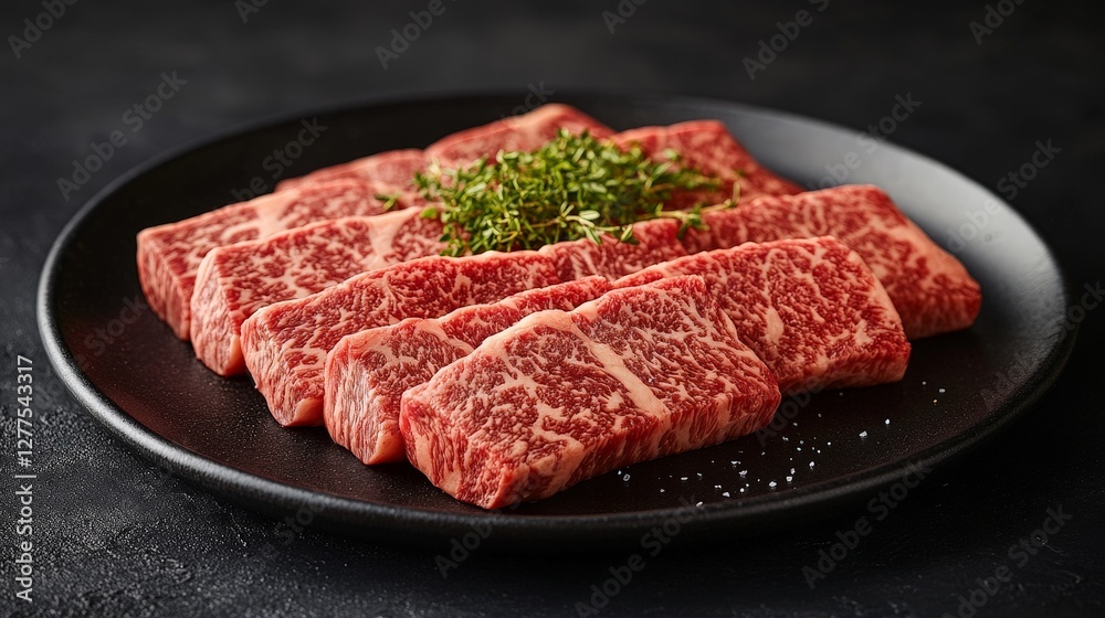 A plate of marbled beef slices garnished with herbs, ready for cooking or grilling. A plate of marbled beef slices garnished with herbs, ready for cooking or grilling.