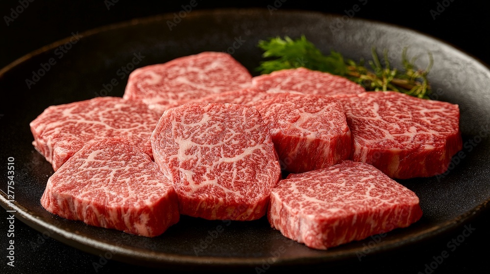 A plate of marbled beef slices, showcasing premium quality for culinary purposes. A plate of marbled beef slices, showcasing premium quality for culinary purposes.