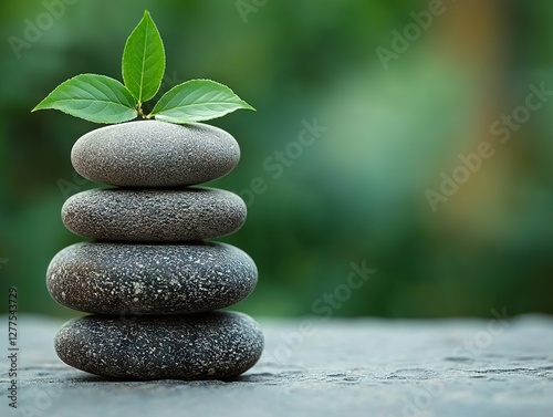 Balancing serenity stacked stones with leaves nature retreat photography tranquil environment close-up view