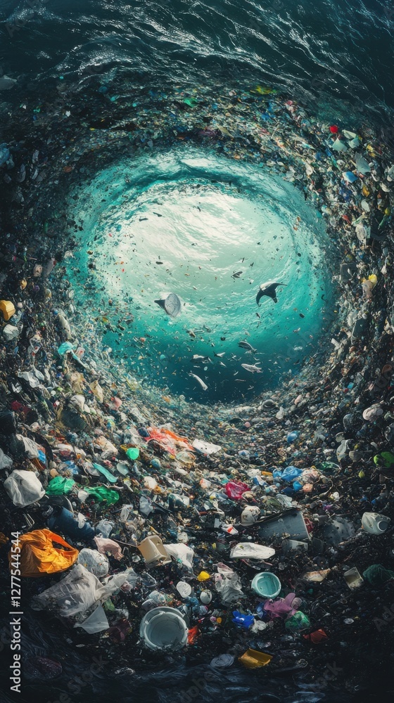 Obraz premium Swirling ocean garbage patch highlighting microplastic pollution.